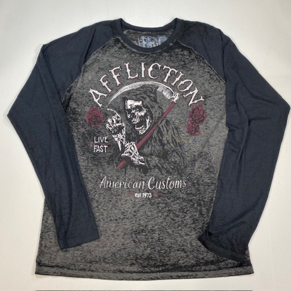 Affliction American Customs Grim Reaper Burnout Raglan Shirt Mens 2XL Black Gray